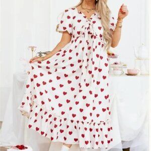 Heart Print White and Red Dress